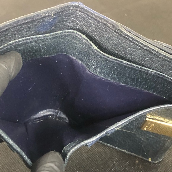 GUCCI GG Monogram Navy Blue Leather Coated Canvas Compact Bifold Wallet Vintage - Picture 9 of 17